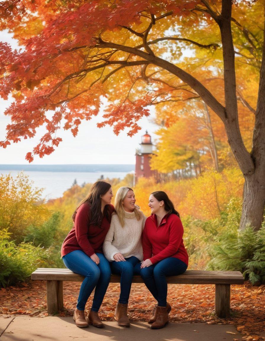 A cozy, sunlit scene depicting a couple sharing a warm embrace by Lake Superior in Duluth, MN, surrounded by vibrant fall foliage and a quaint historic lighthouse in the background. Include elements of community, like friends laughing on a nearby wooden bench and children playing with their pet. Capture the essence of tenderness and warmth in their expressions. soft focus. warm colors. painting.