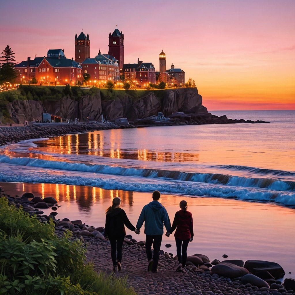 A scenic view of Duluth's skyline at sunset, with a couple holding hands on the shores of Lake Superior, capturing an intimate moment of affection. Surround them with lush greenery and soft, glowing lanterns to symbolize devotion. Include gentle waves lapping at the shore and a vibrant sky filled with shades of orange and pink. super-realistic. vibrant colors. peaceful atmosphere.