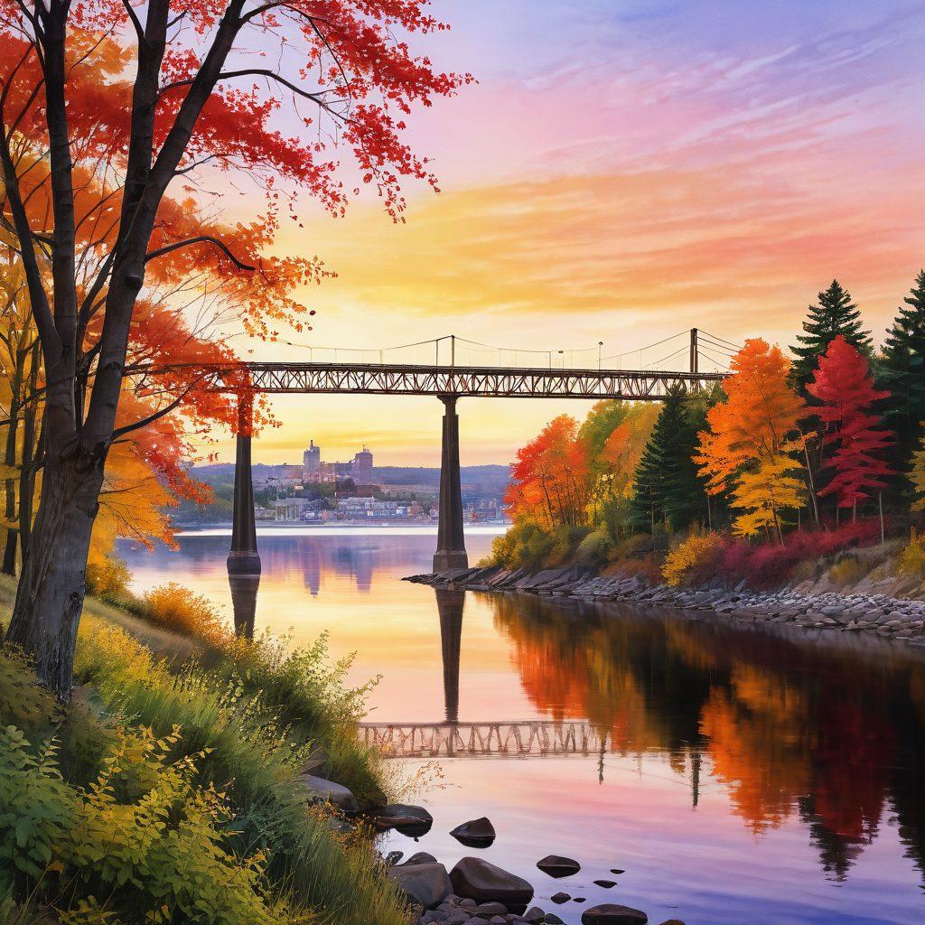 A picturesque lakeside view of Duluth, MN, showcasing couples sharing intimate moments by the water's edge, surrounded by vibrant autumn foliage. The iconic Aerial Lift Bridge in the background adds a touch of nostalgia, while warm sunlight filters through the trees, creating a romantic ambiance. Include heart-shaped elements subtly woven into the scene to symbolize love and connection. watercolor painting style. vibrant colors.